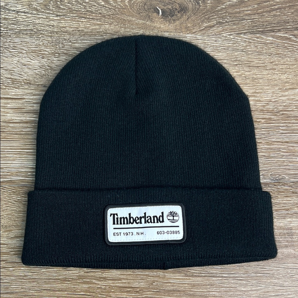 Timberland Black Knit Beanie Cuffed Logo Patch Hat OS